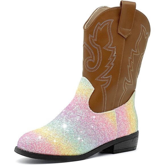 xinlanlin Kids Sequins Rainbow Brown Embroidered Square Toe Glitter Western Boot - Picture 1 of 6
